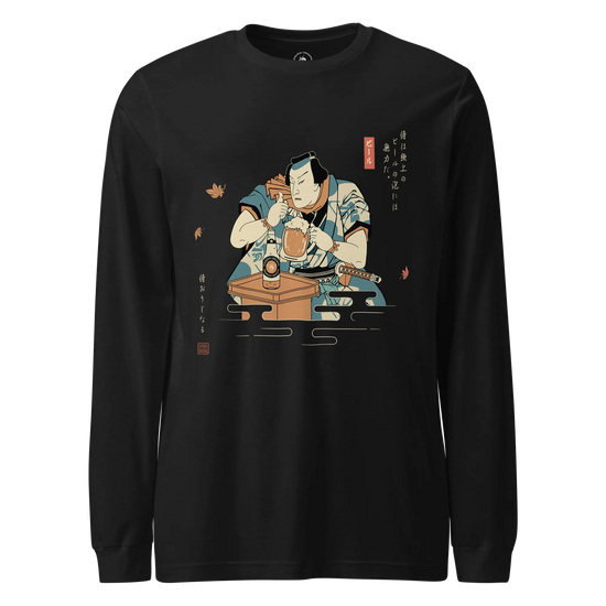 Samurai Drinks Beer Funny Ukiyo-e Unisex Long Sleeve Tee No.4 Black - Samurai Original