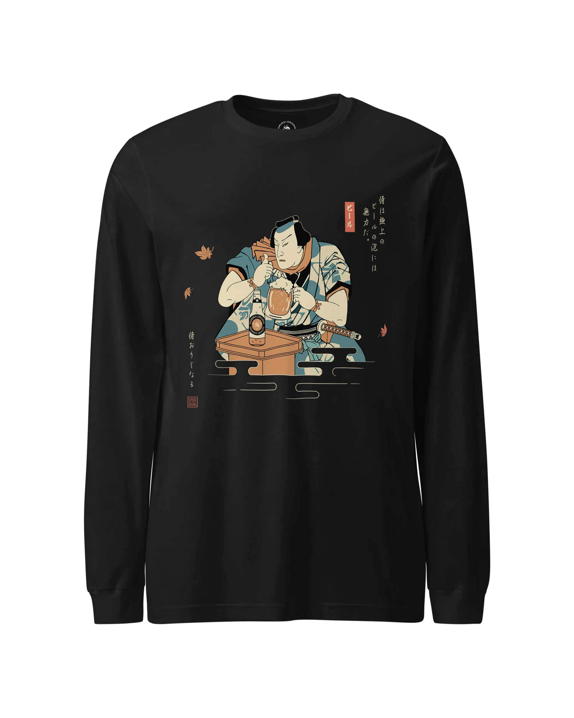Samurai Drinks Beer Funny Ukiyo-e Unisex Long Sleeve Tee No.4 Black - Samurai Original