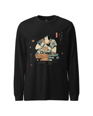Samurai Drinks Beer Funny Ukiyo-e Unisex Long Sleeve Tee No.4 Black - Samurai Original