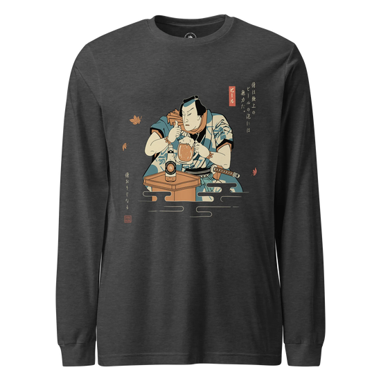 Samurai Drinks Beer Funny Ukiyo-e Unisex Long Sleeve Tee No.4 Dark Grey Heather - Samurai Original