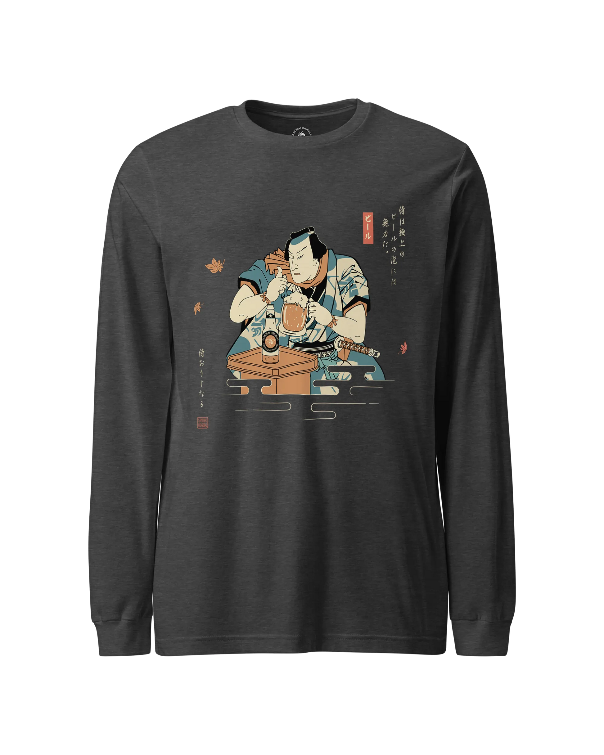 Samurai Drinks Beer Funny Ukiyo-e Unisex Long Sleeve Tee No.4 Dark Grey Heather - Samurai Original