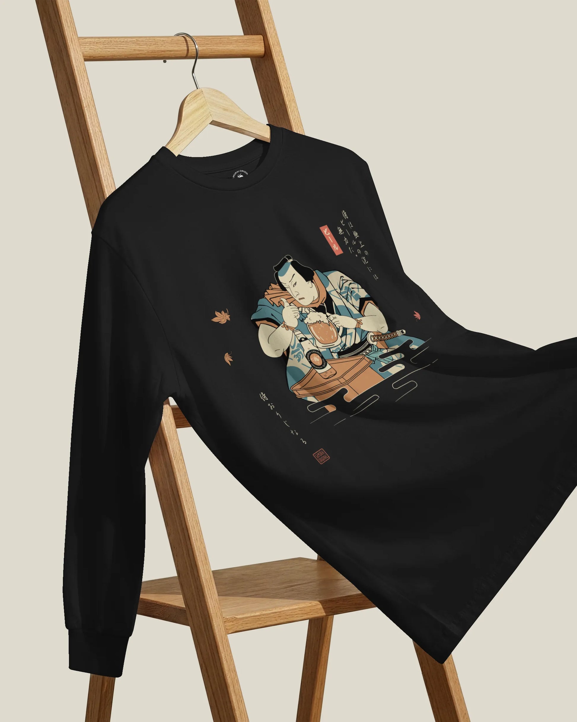 Samurai Drinks Beer Funny Ukiyo-e Unisex Long Sleeve Tee No.4 - Samurai Original