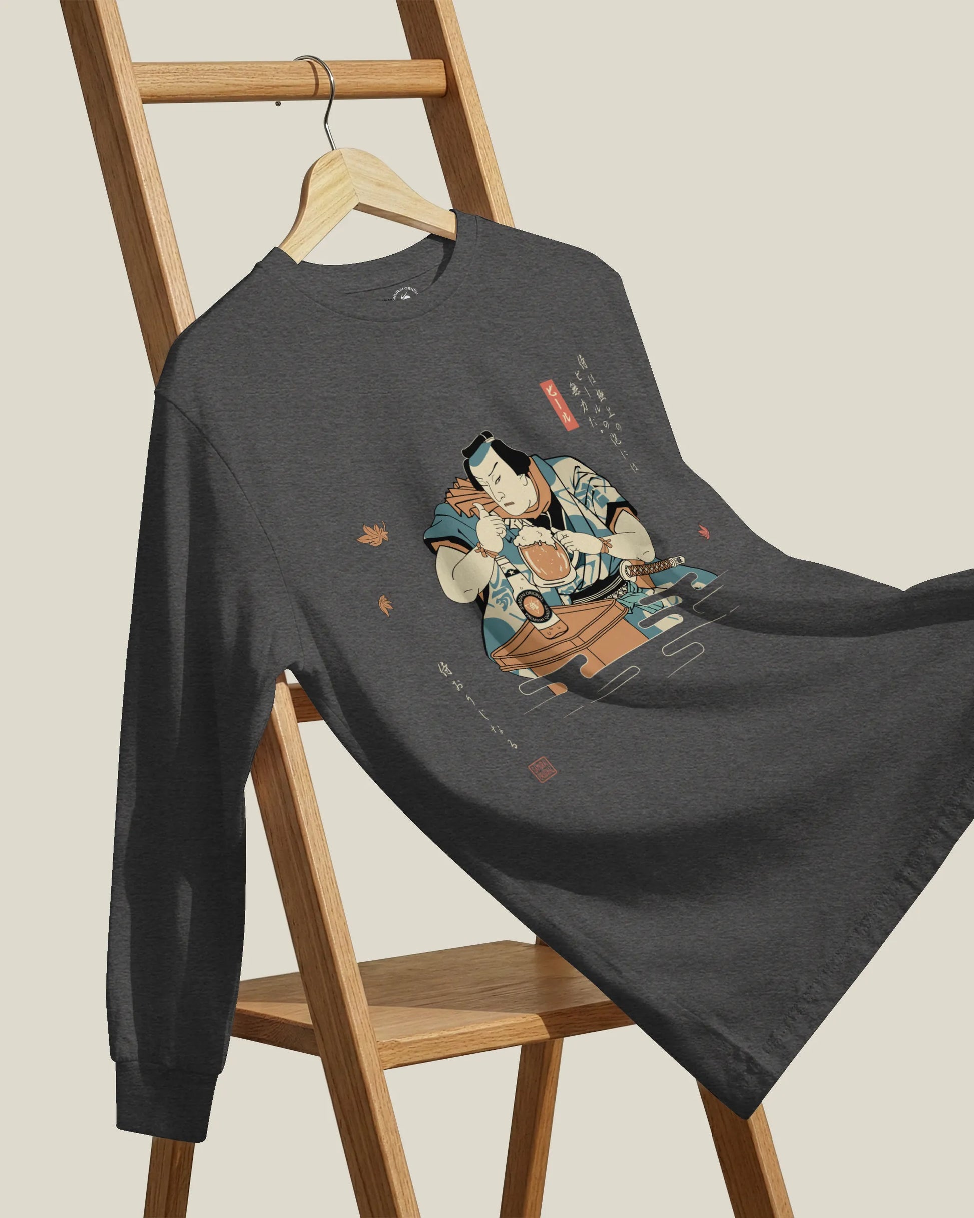 Samurai Drinks Beer Funny Ukiyo-e Unisex Long Sleeve Tee No.4 - Samurai Original