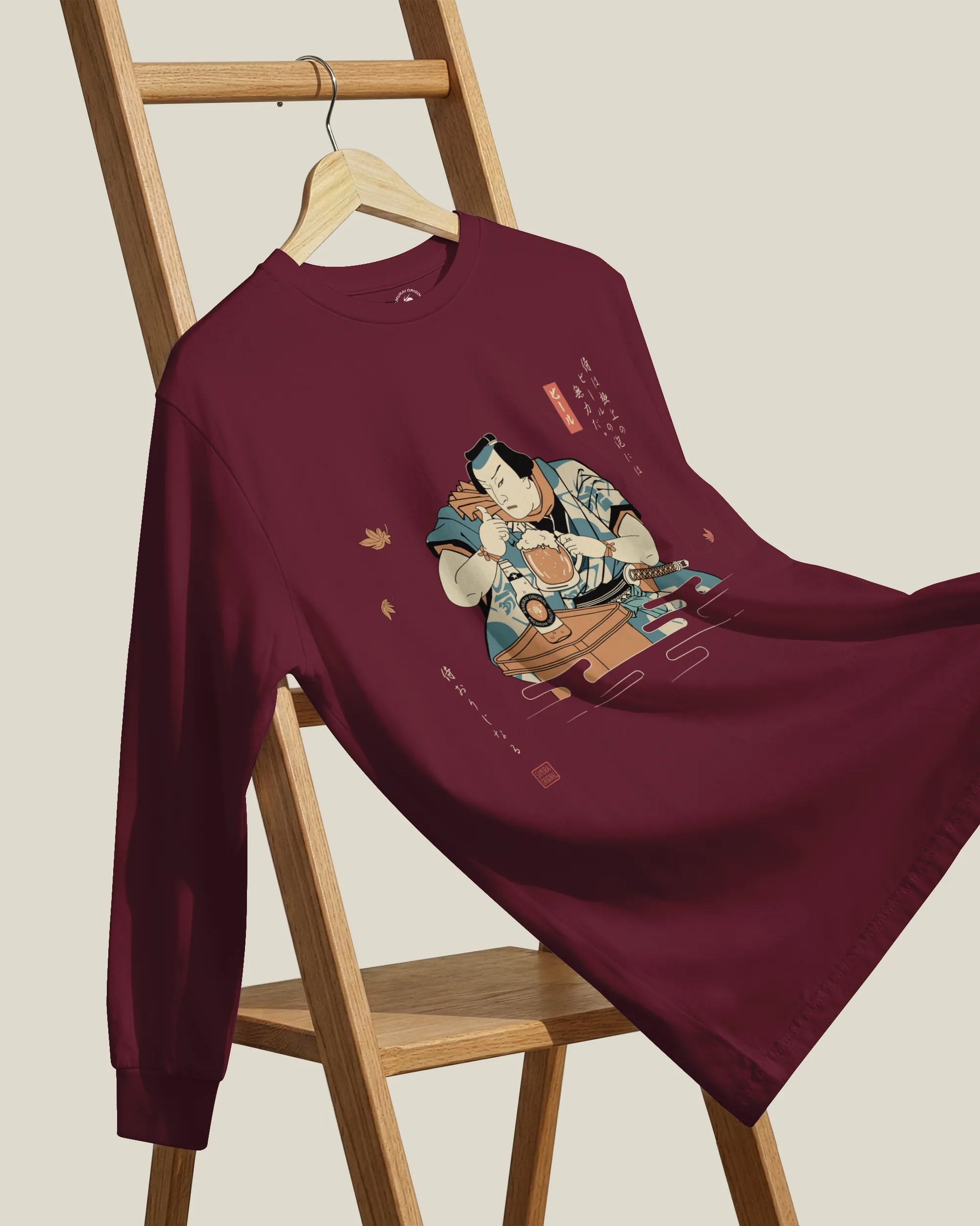 Samurai Drinks Beer Funny Ukiyo-e Unisex Long Sleeve Tee No.4 - Samurai Original