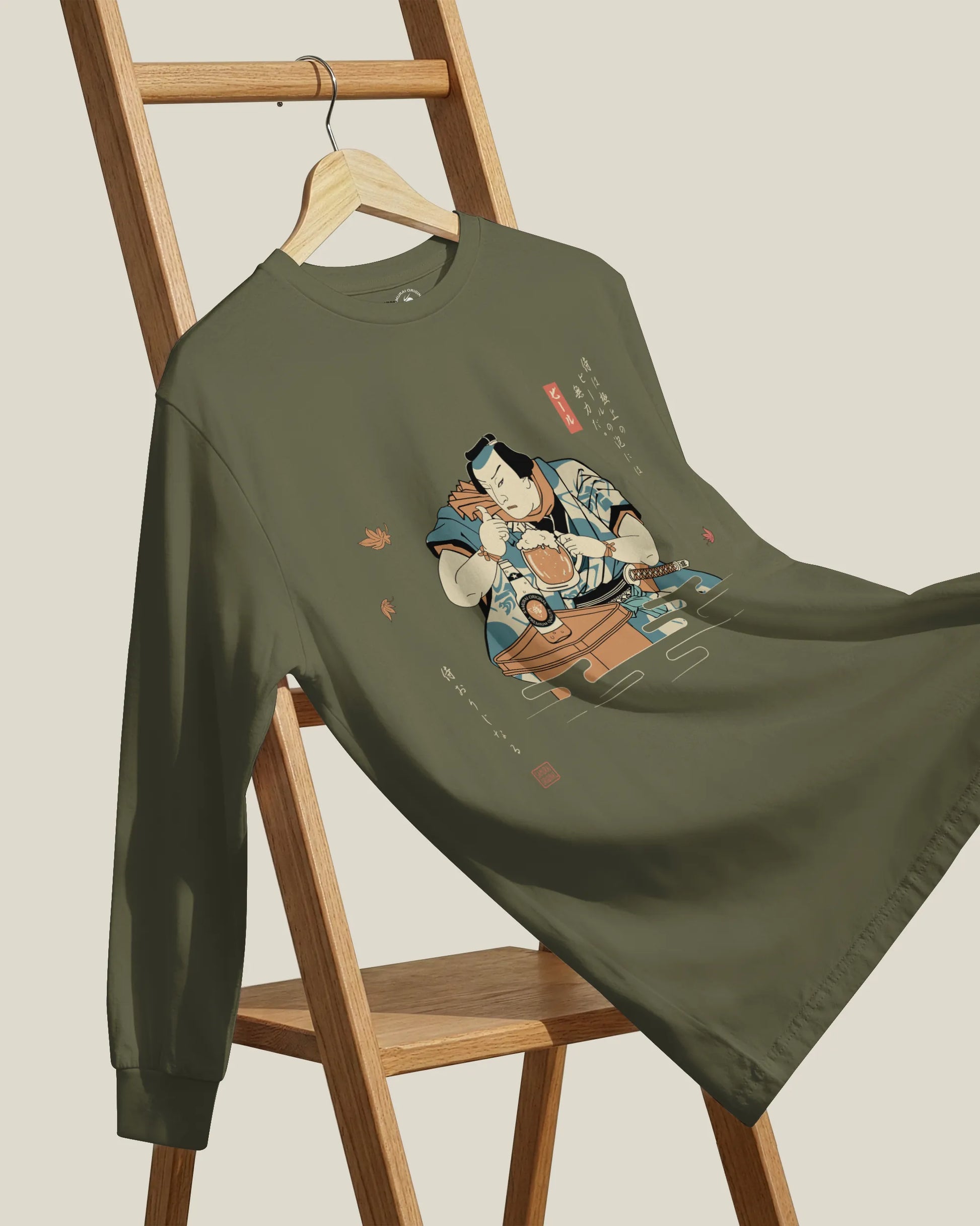 Samurai Drinks Beer Funny Ukiyo-e Unisex Long Sleeve Tee No.4 - Samurai Original