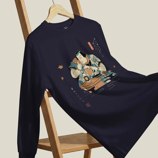 Samurai Drinks Beer Funny Ukiyo-e Unisex Long Sleeve Tee No.4 - Samurai Original