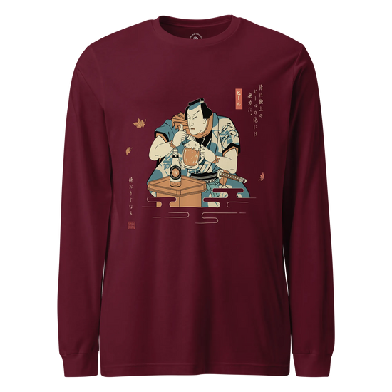 Samurai Drinks Beer Funny Ukiyo-e Unisex Long Sleeve Tee No.4 Maroon - Samurai Original