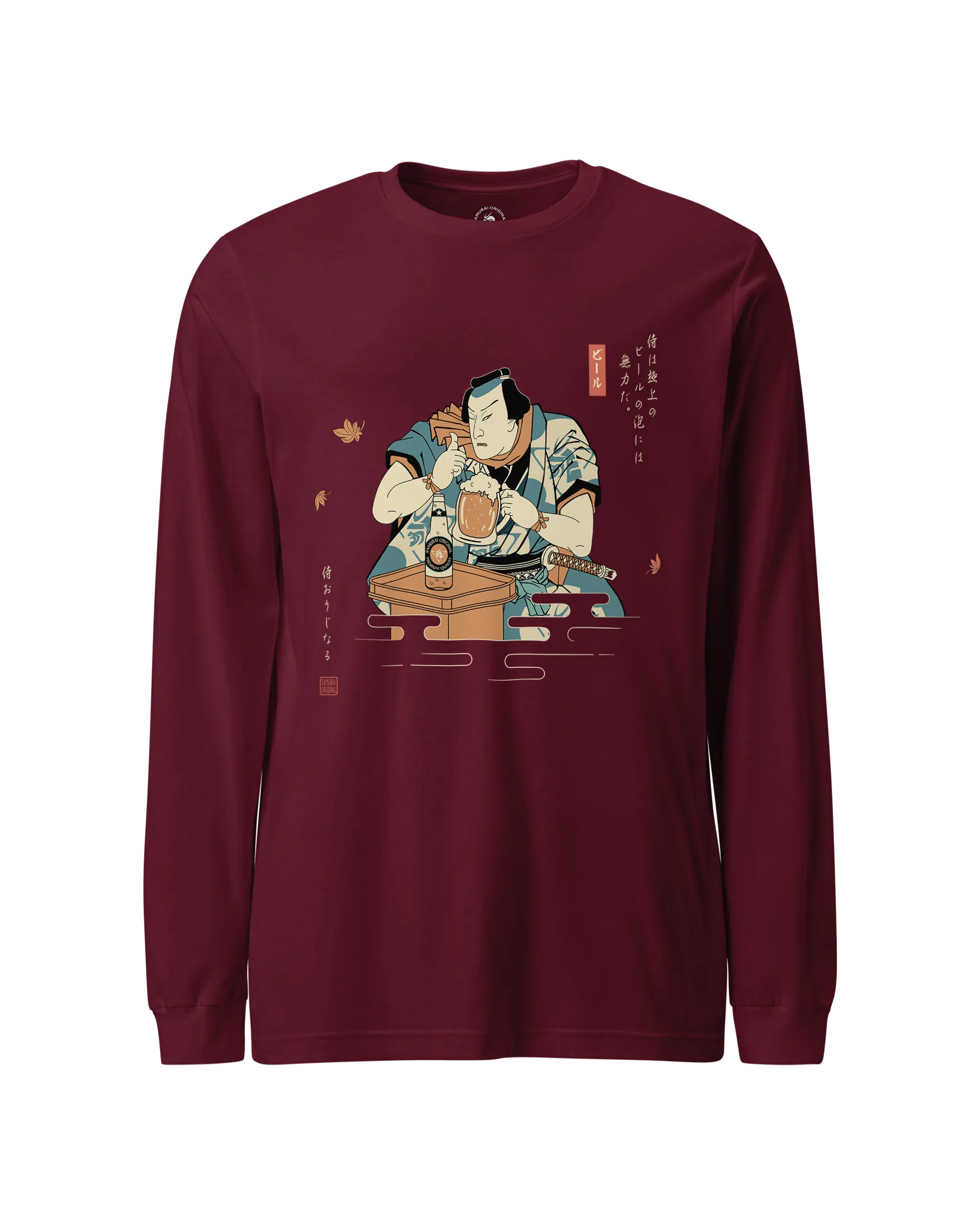 Samurai Drinks Beer Funny Ukiyo-e Unisex Long Sleeve Tee No.4 Maroon - Samurai Original