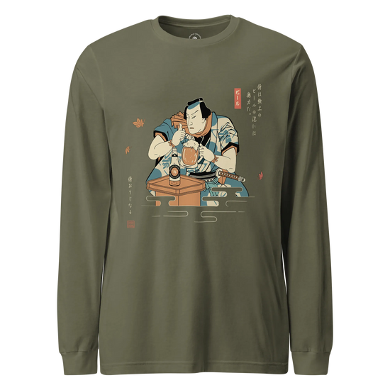 Samurai Drinks Beer Funny Ukiyo-e Unisex Long Sleeve Tee No.4 Military Green - Samurai Original