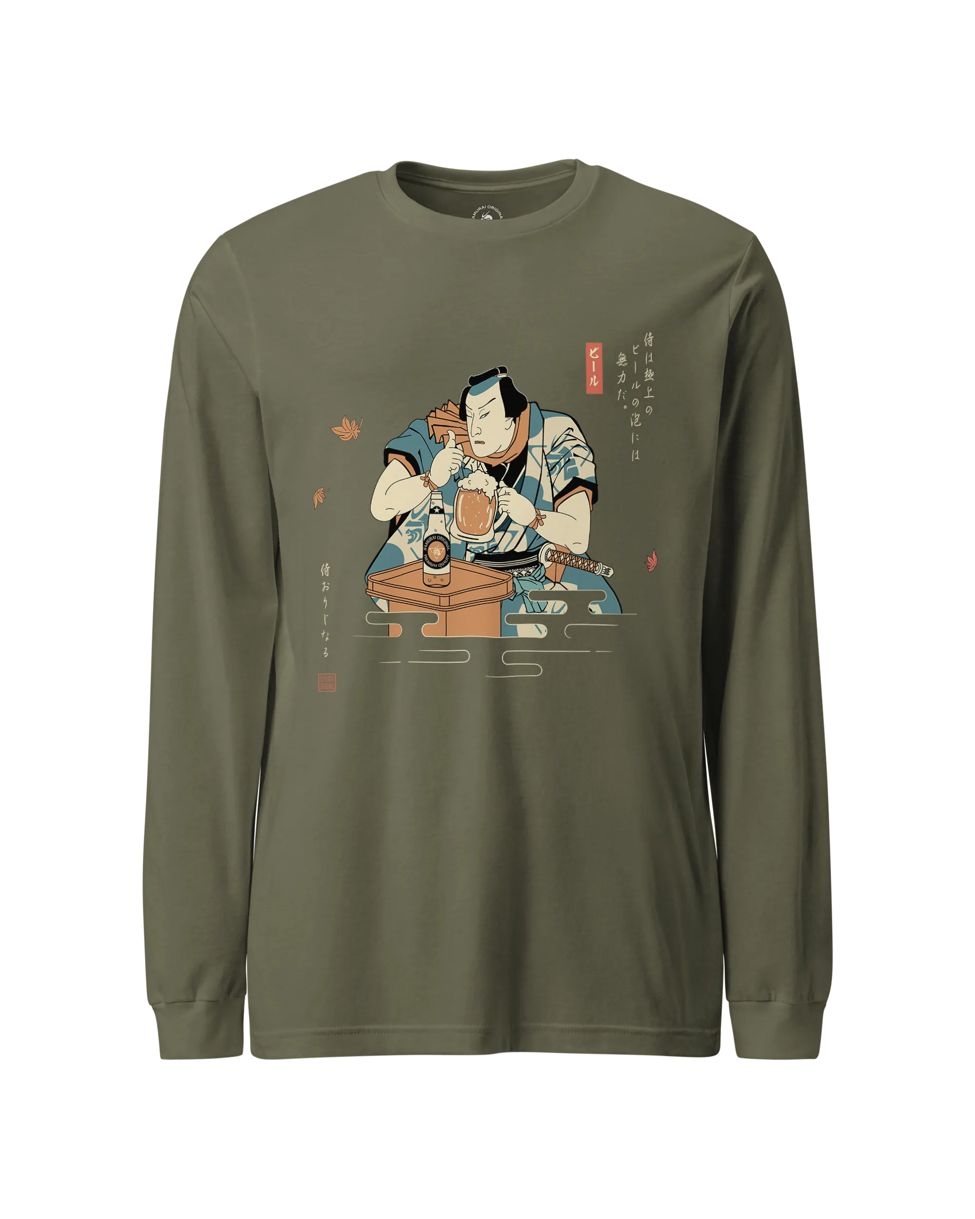 Samurai Drinks Beer Funny Ukiyo-e Unisex Long Sleeve Tee No.4 Military Green - Samurai Original