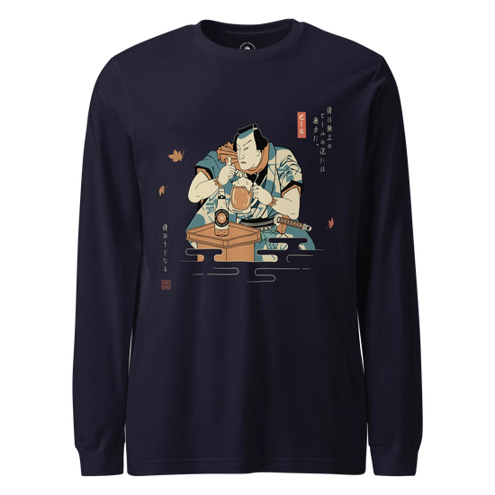 Samurai Drinks Beer Funny Ukiyo-e Unisex Long Sleeve Tee No.4 Navy - Samurai Original