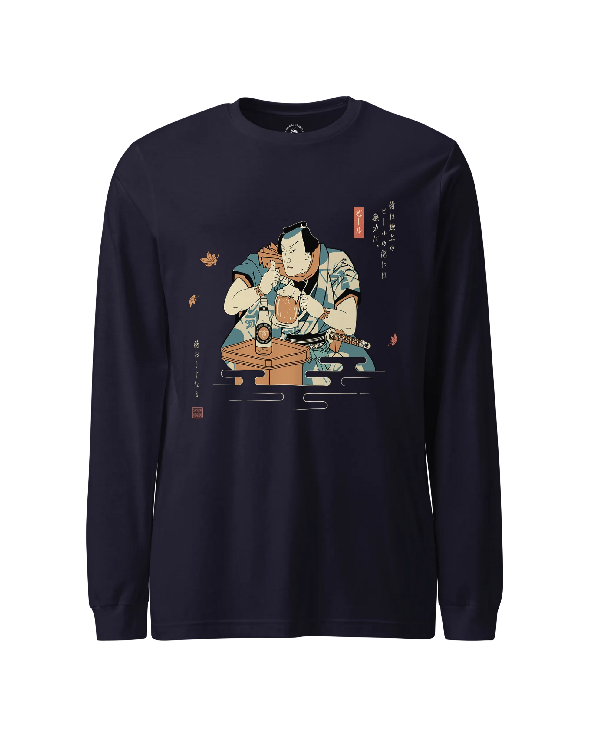 Samurai Drinks Beer Funny Ukiyo-e Unisex Long Sleeve Tee No.4 Navy - Samurai Original