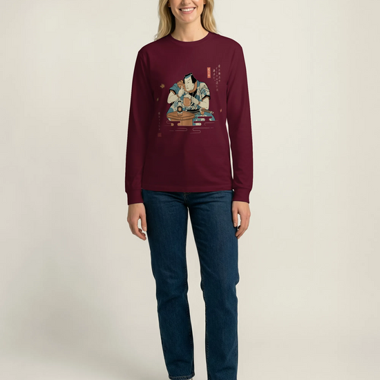 Samurai Drinks Beer Funny Ukiyo-e Unisex Long Sleeve Tee No.4 - Samurai Original