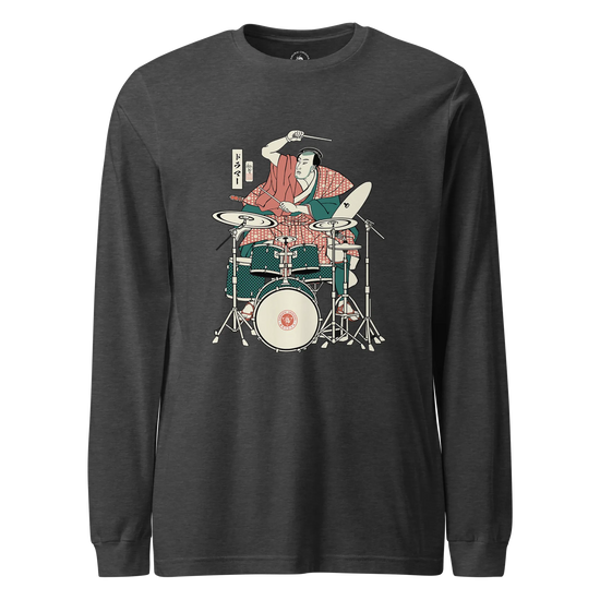 Samurai Drummer 3 Percussion Unisex Long Sleeve Tee Dark Grey Heather - Samurai Original