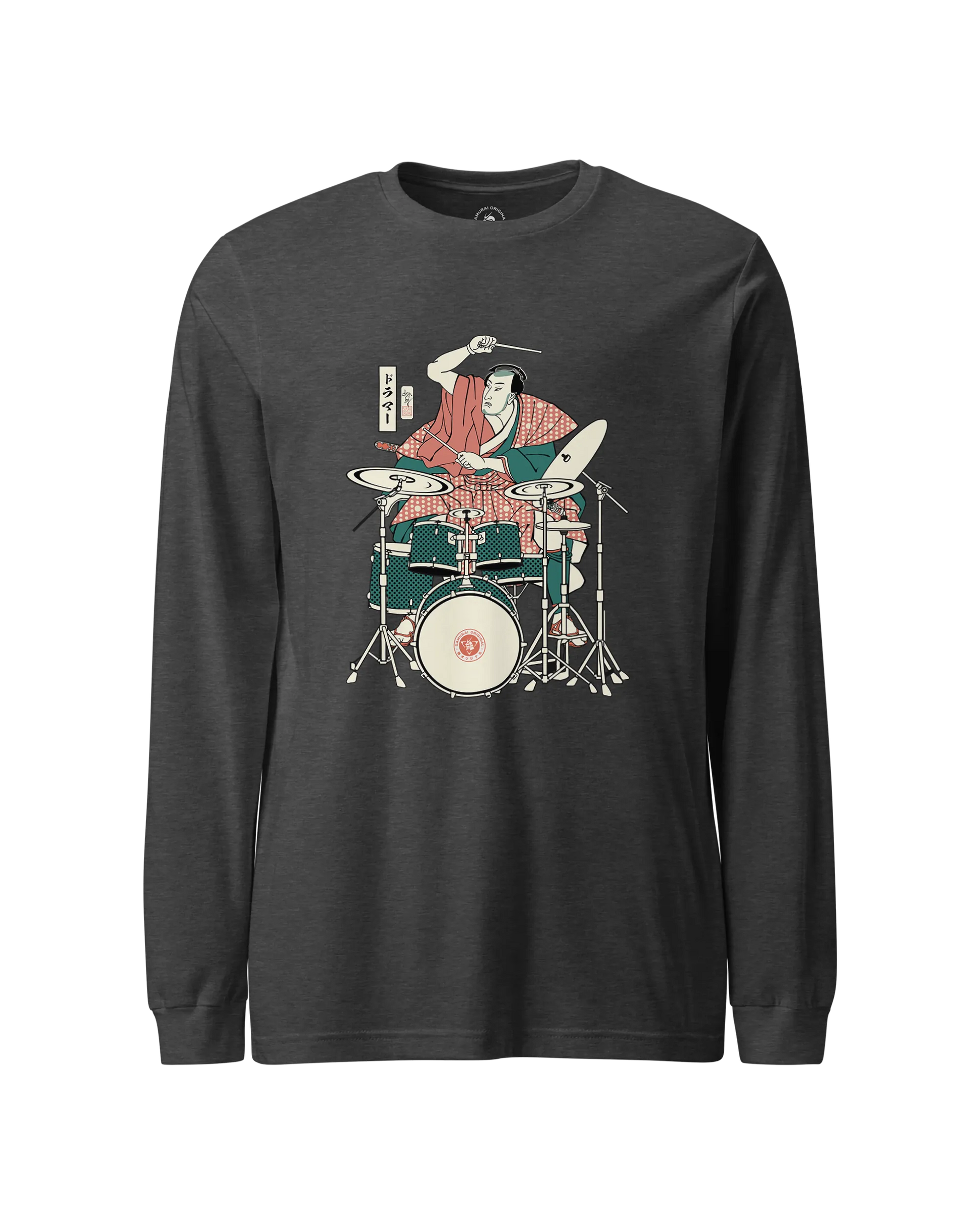 Samurai Drummer 3 Percussion Unisex Long Sleeve Tee Dark Grey Heather - Samurai Original