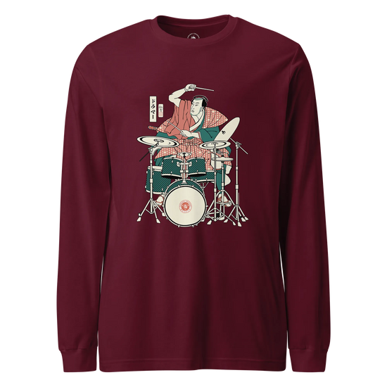 Samurai Drummer 3 Percussion Unisex Long Sleeve Tee Maroon - Samurai Original