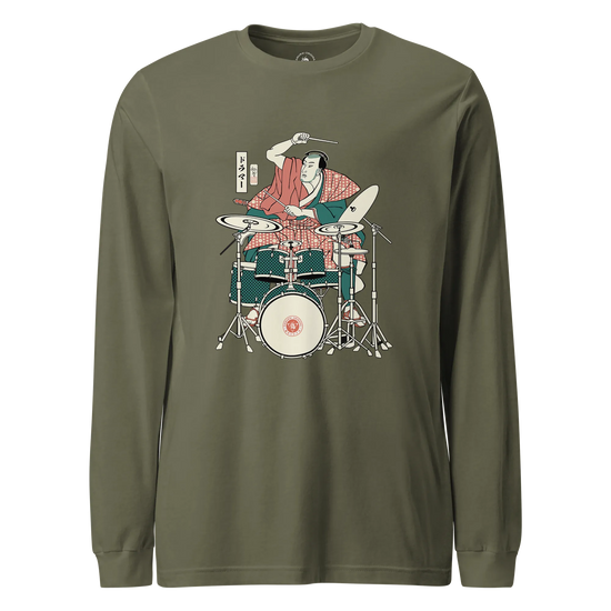 Samurai Drummer 3 Percussion Unisex Long Sleeve Tee Military Green - Samurai Original