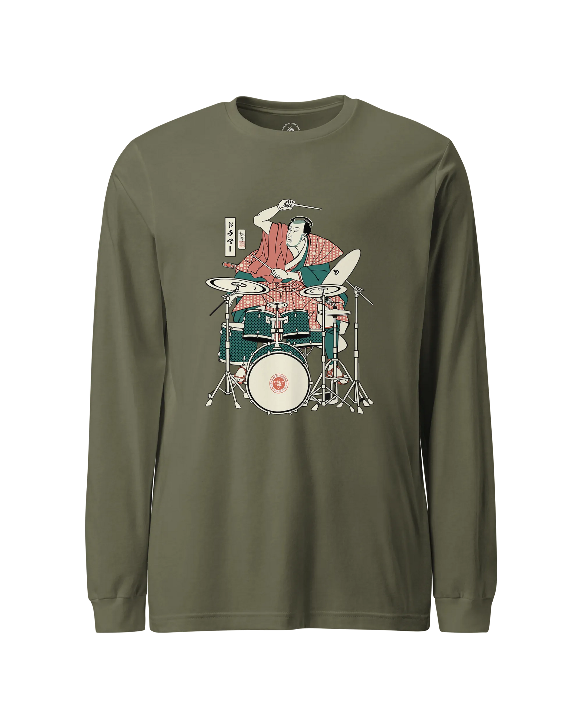 Samurai Drummer 3 Percussion Unisex Long Sleeve Tee Military Green - Samurai Original