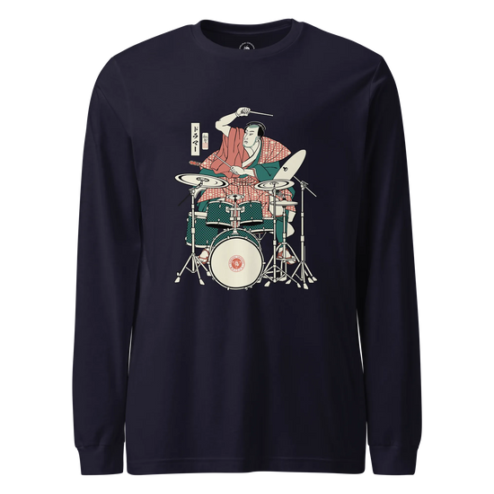 Samurai Drummer 3 Percussion Unisex Long Sleeve Tee Navy - Samurai Original