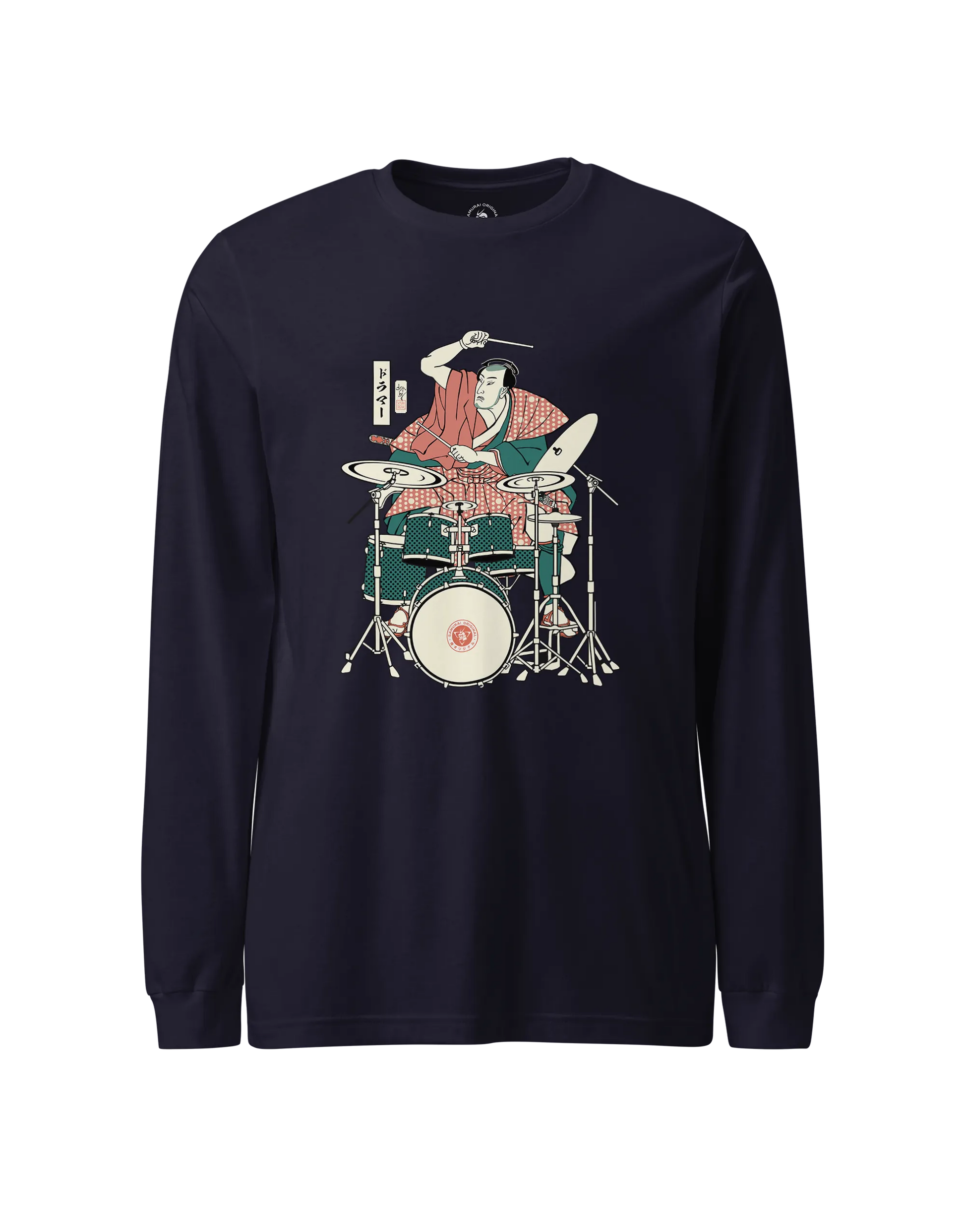 Samurai Drummer 3 Percussion Unisex Long Sleeve Tee Navy - Samurai Original