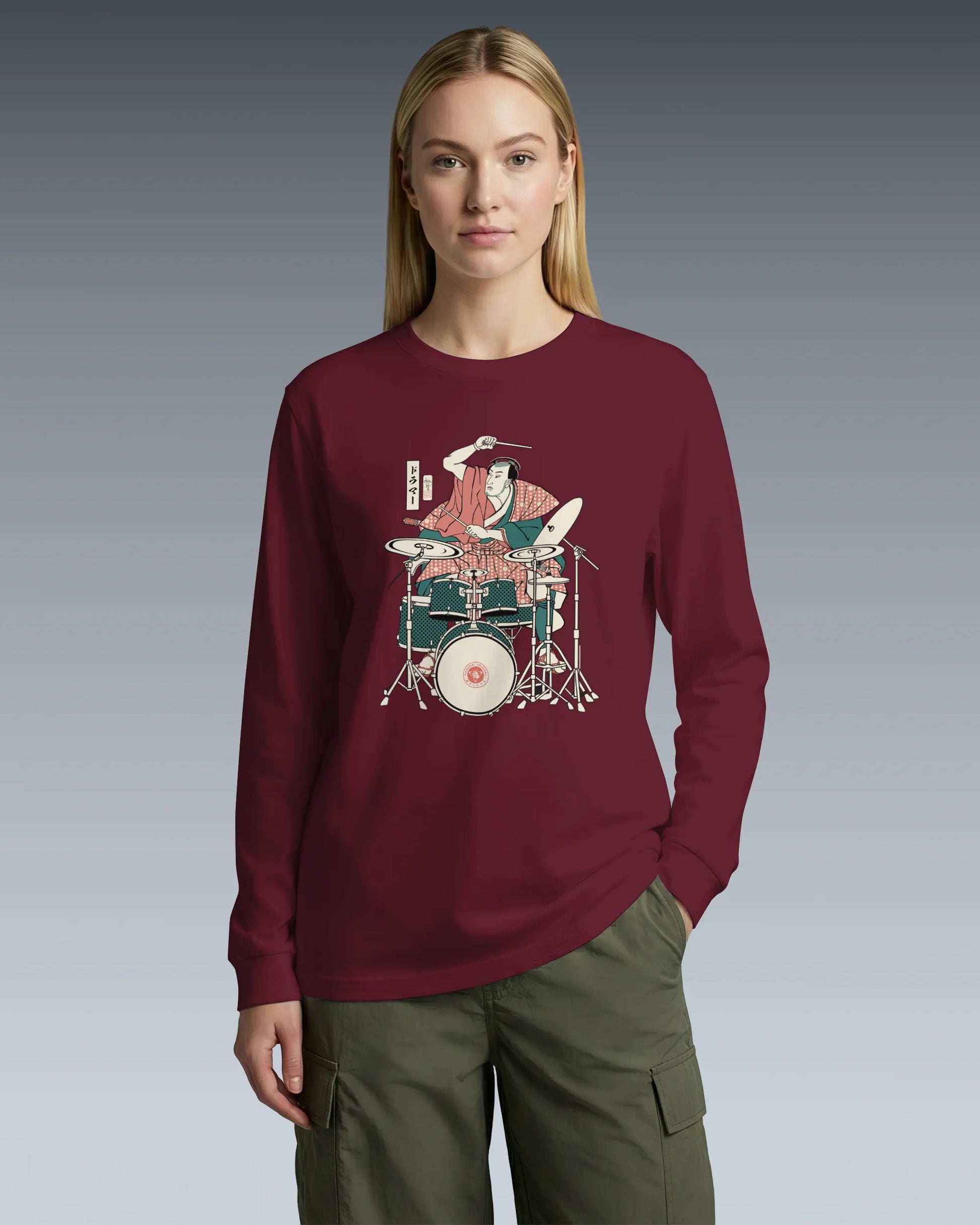 Samurai Drummer 3 Percussion Unisex Long Sleeve Tee - Samurai Original