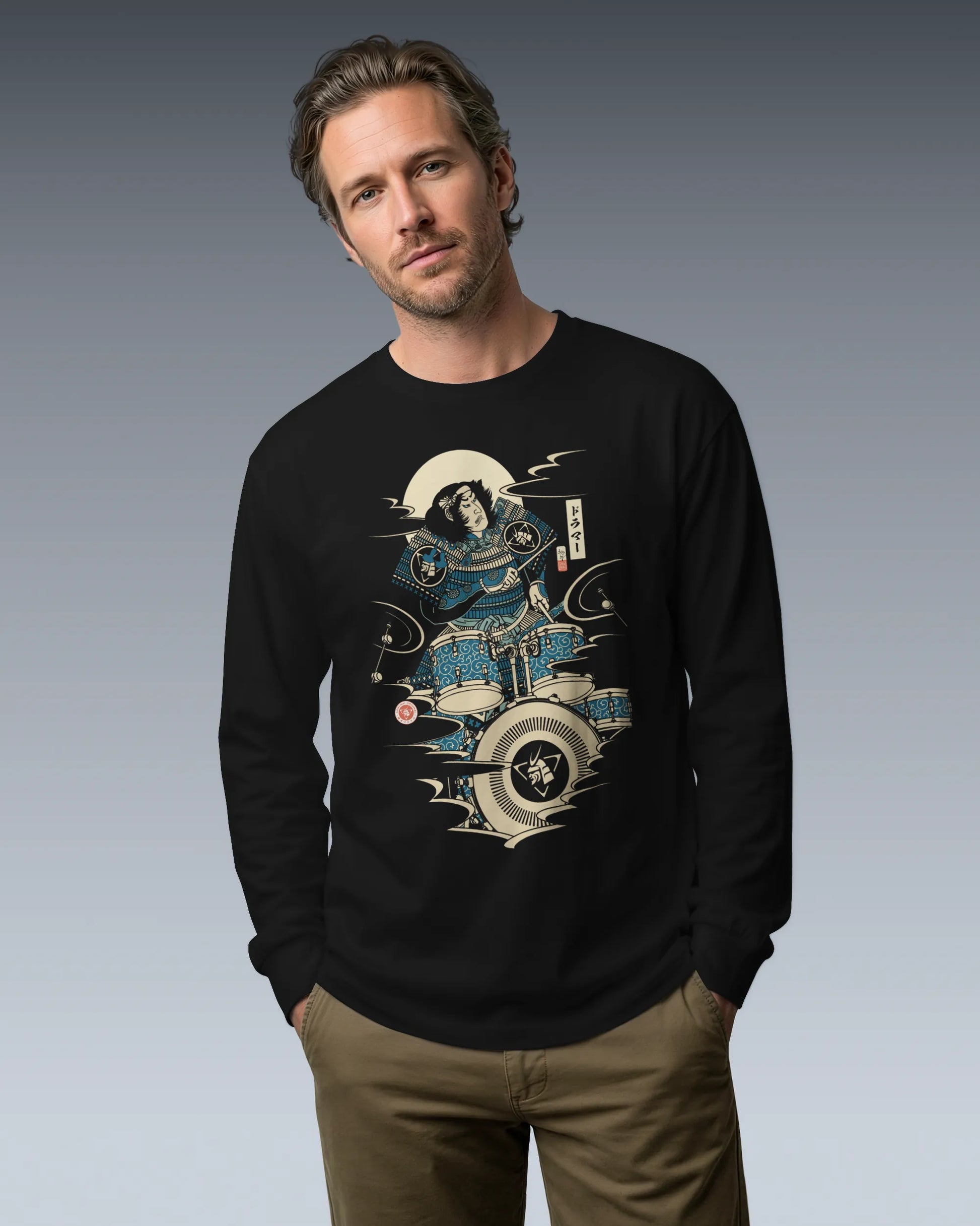 Samurai Drummer 6 Percussion Music Ukiyo-e Unisex Long Sleeve Tee - Samurai Original