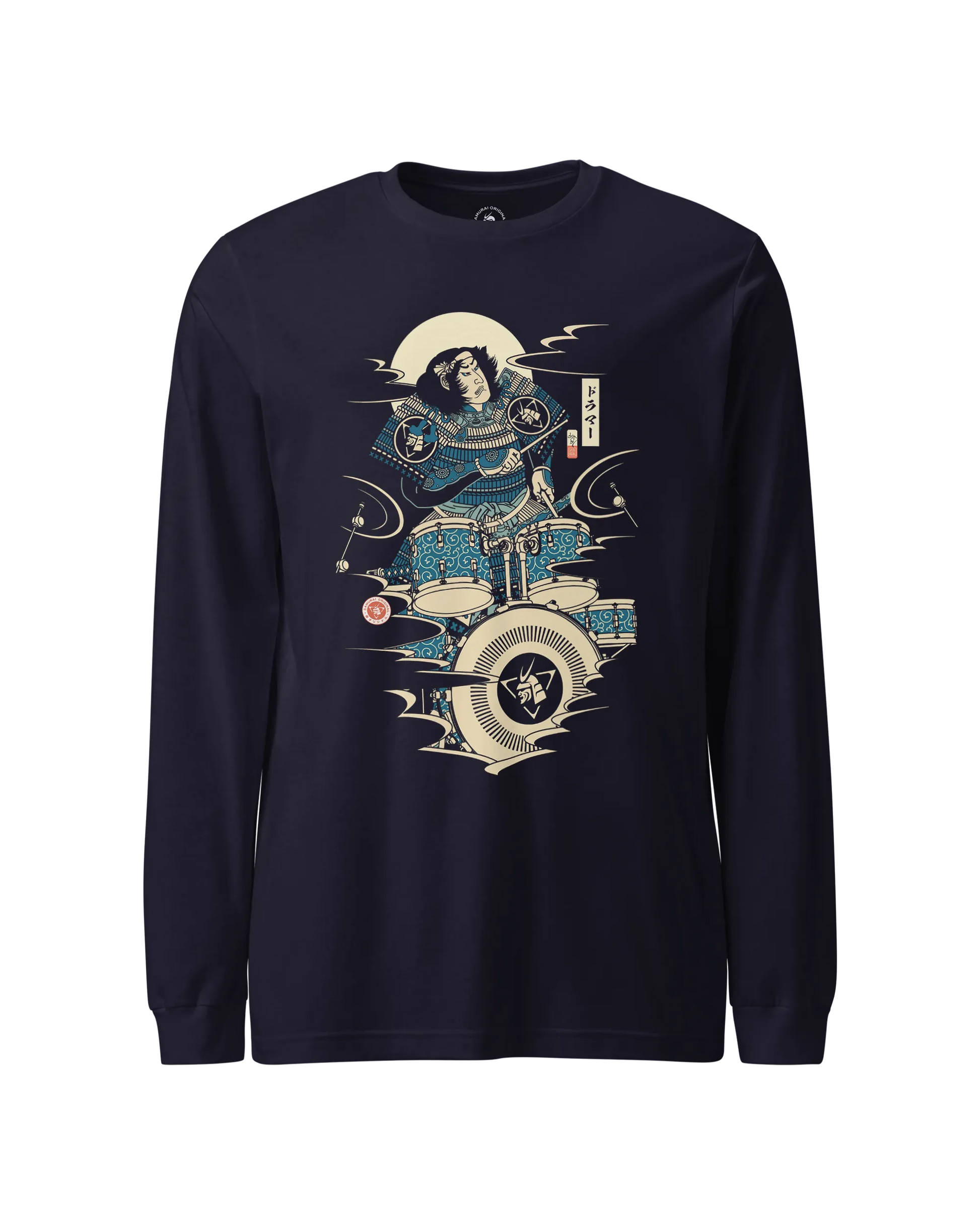 Samurai Drummer 6 Percussion Music Ukiyo-e Unisex Long Sleeve Tee Navy - Samurai Original