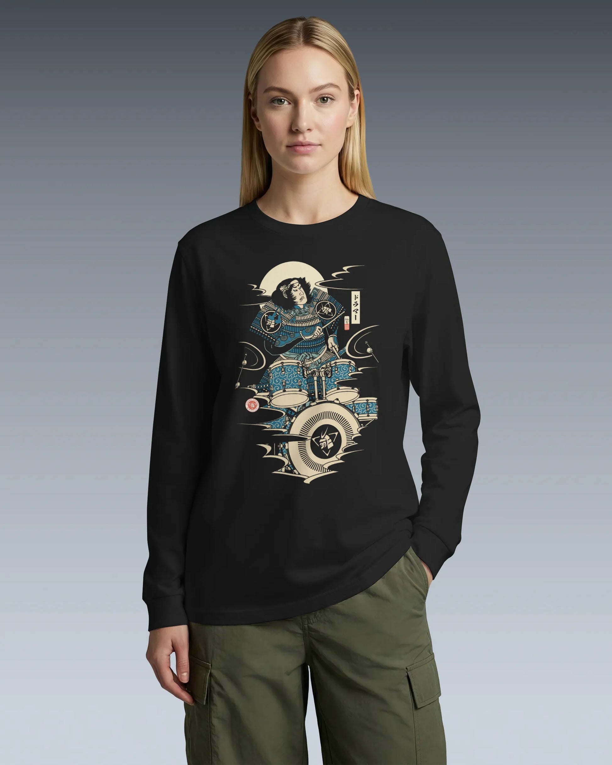 Samurai Drummer 6 Percussion Music Ukiyo-e Unisex Long Sleeve Tee - Samurai Original