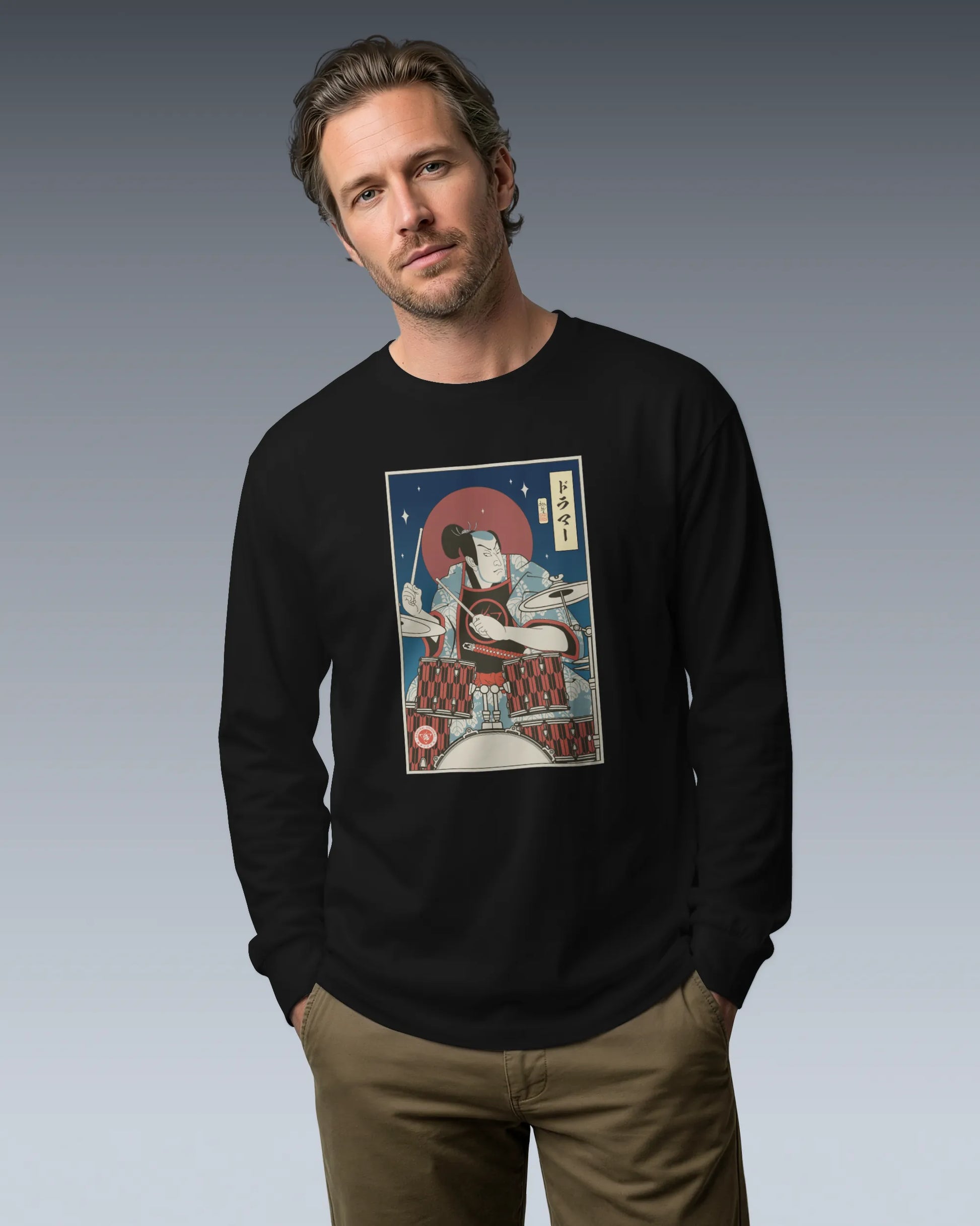 Samurai Drummer Percussion Music Ukiyo-e Unisex Long Sleeve Tee - Samurai Original