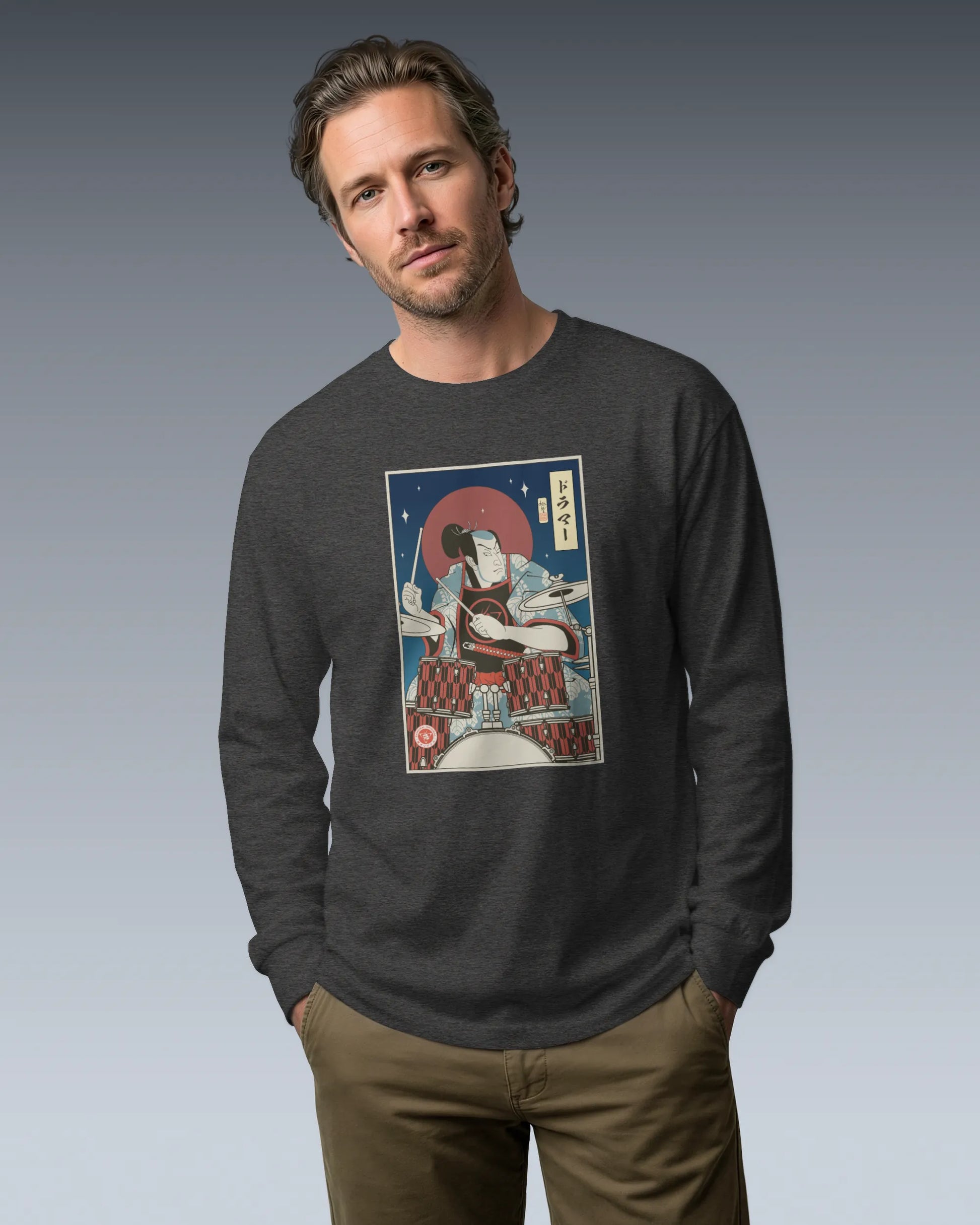 Samurai Drummer Percussion Music Ukiyo-e Unisex Long Sleeve Tee - Samurai Original
