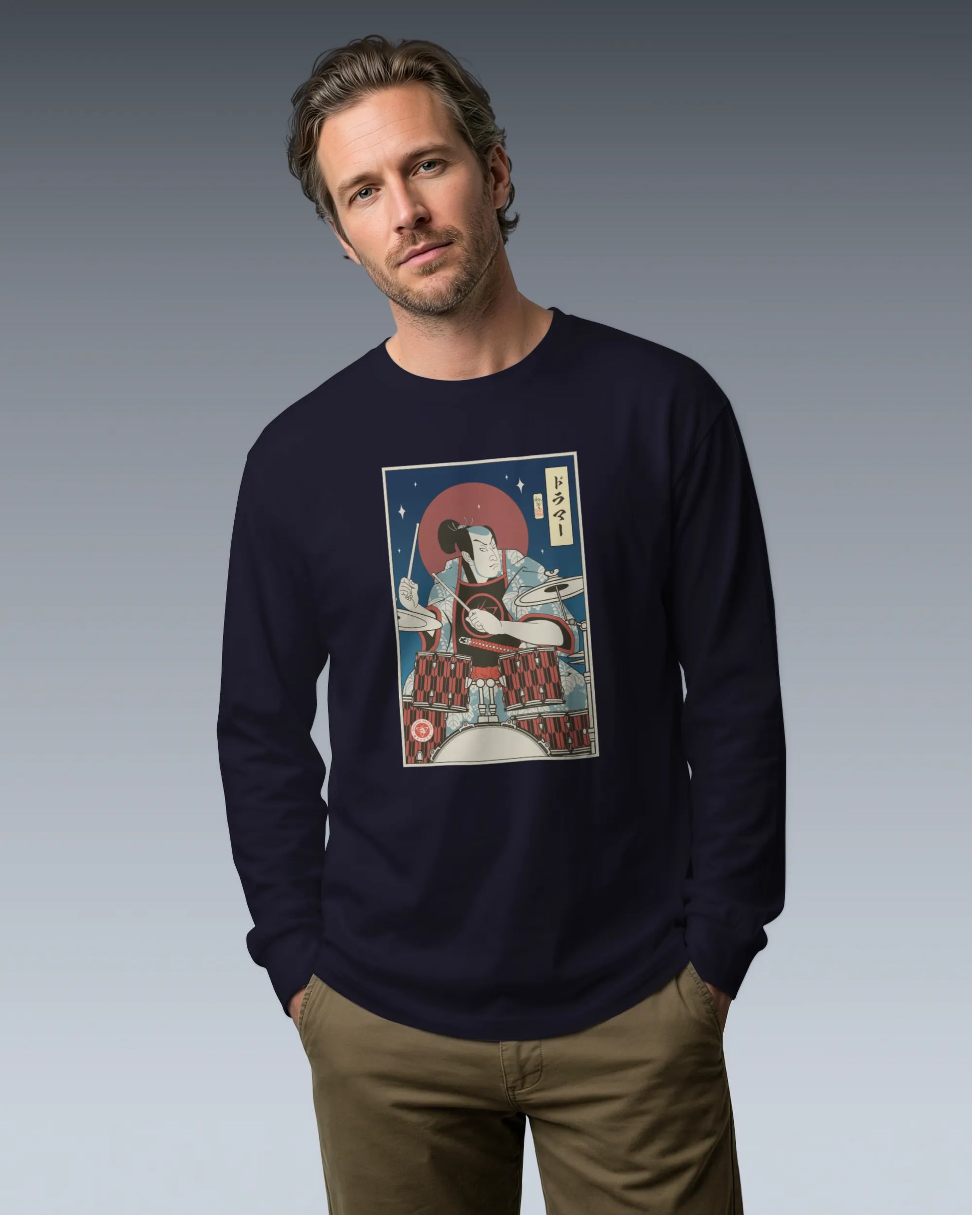 Samurai Drummer Percussion Music Ukiyo-e Unisex Long Sleeve Tee - Samurai Original
