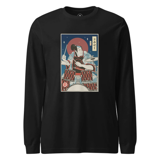Samurai Drummer Percussion Music Ukiyo-e Unisex Long Sleeve Tee Black - Samurai Original