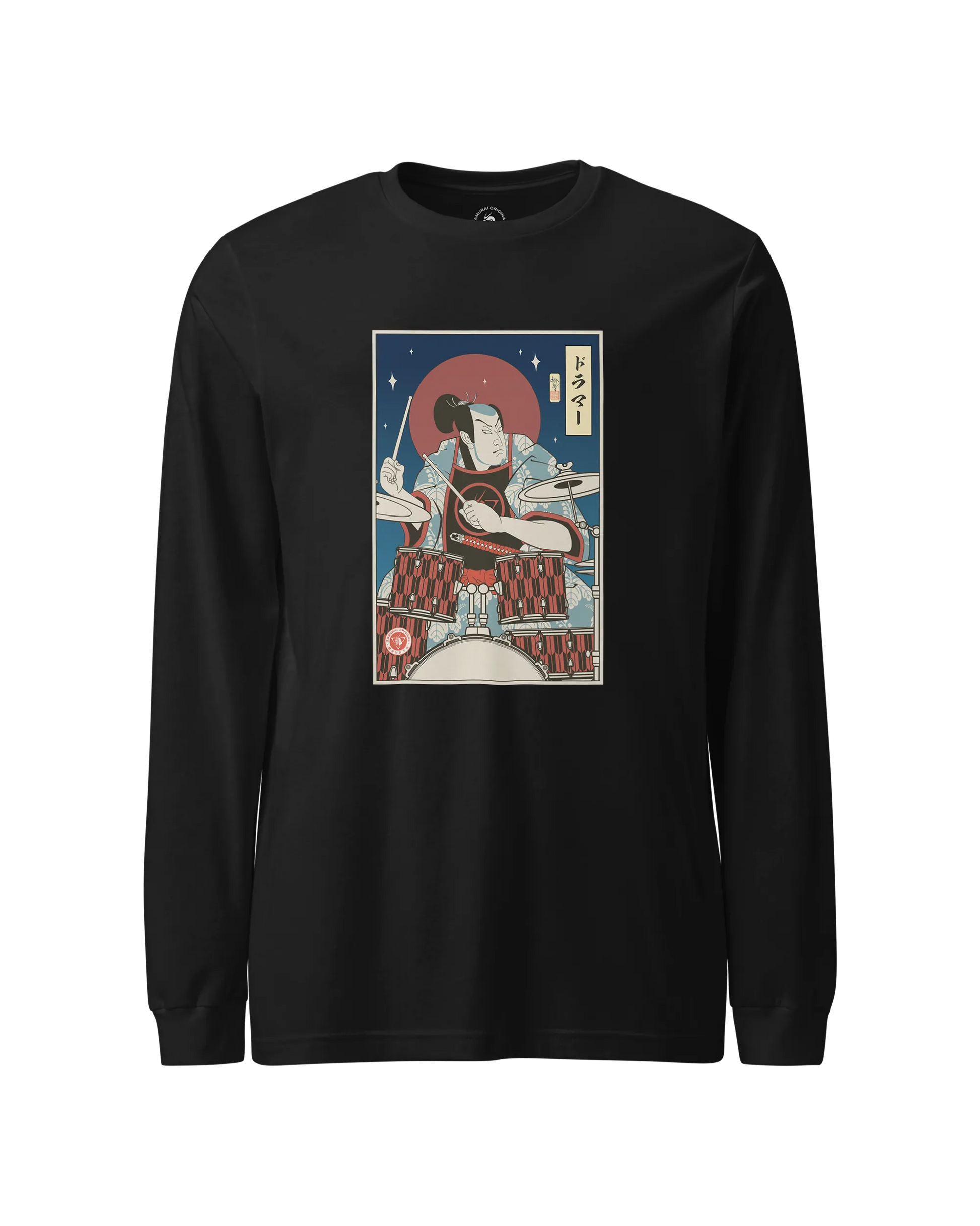 Samurai Drummer Percussion Music Ukiyo-e Unisex Long Sleeve Tee Black - Samurai Original