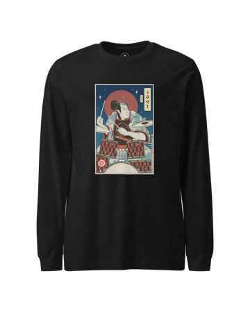 Samurai Drummer Percussion Music Ukiyo-e Unisex Long Sleeve Tee Black - Samurai Original