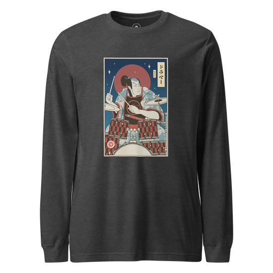Samurai Drummer Percussion Music Ukiyo-e Unisex Long Sleeve Tee Dark Grey Heather - Samurai Original