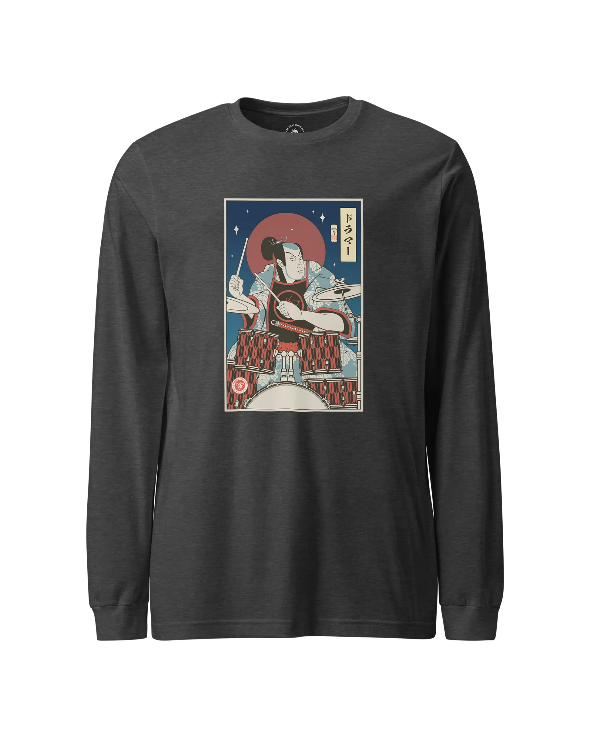Samurai Drummer Percussion Music Ukiyo-e Unisex Long Sleeve Tee Dark Grey Heather - Samurai Original