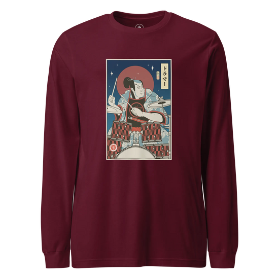 Samurai Drummer Percussion Music Ukiyo-e Unisex Long Sleeve Tee Maroon - Samurai Original