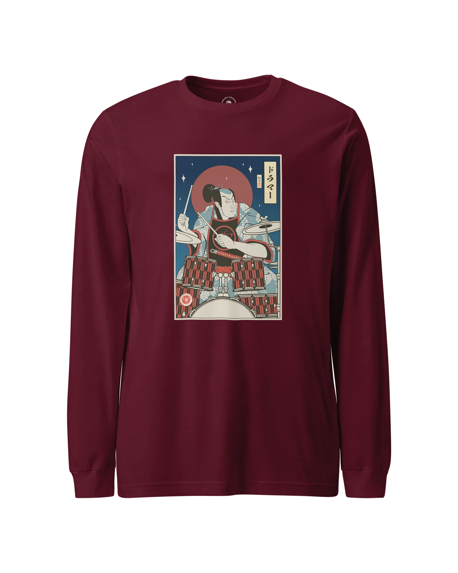 Samurai Drummer Percussion Music Ukiyo-e Unisex Long Sleeve Tee Maroon - Samurai Original