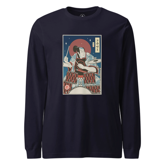 Samurai Drummer Percussion Music Ukiyo-e Unisex Long Sleeve Tee Navy - Samurai Original