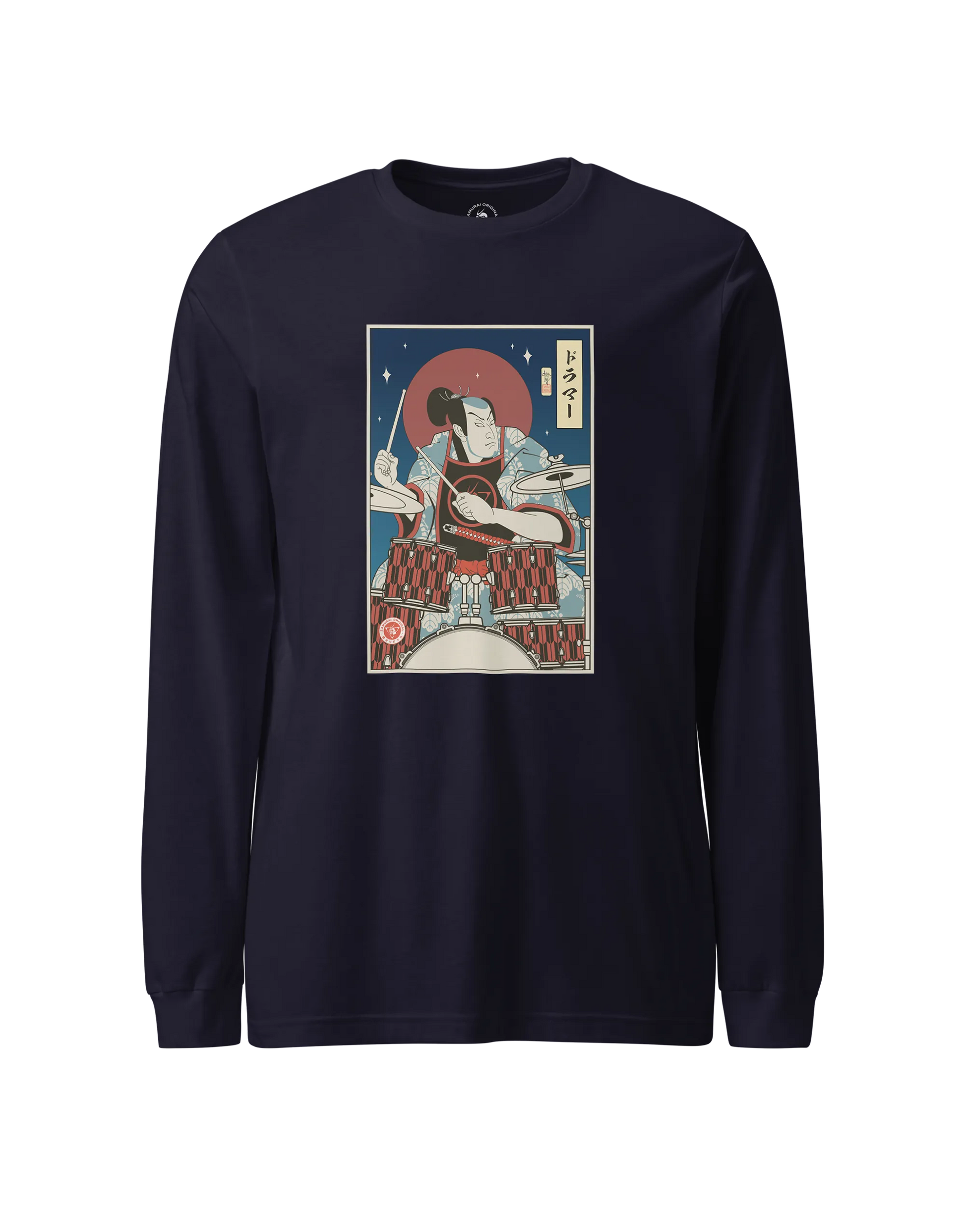 Samurai Drummer Percussion Music Ukiyo-e Unisex Long Sleeve Tee Navy - Samurai Original
