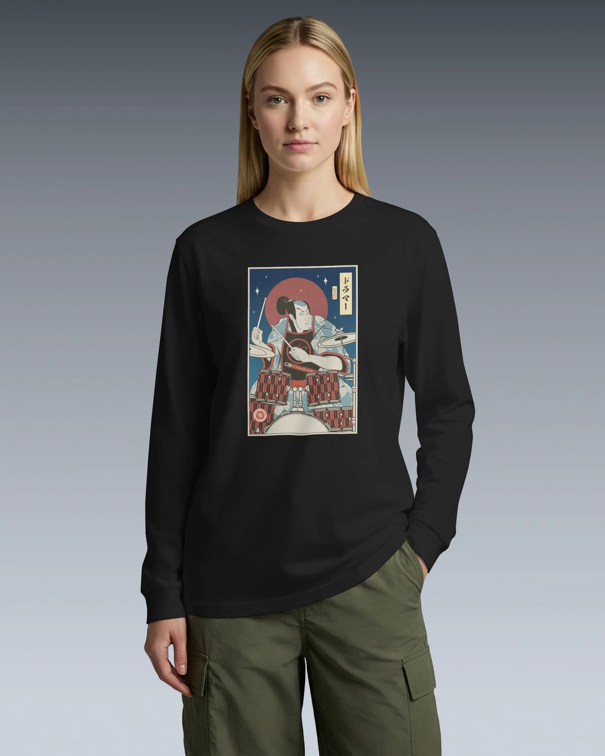 Samurai Drummer Percussion Music Ukiyo-e Unisex Long Sleeve Tee - Samurai Original