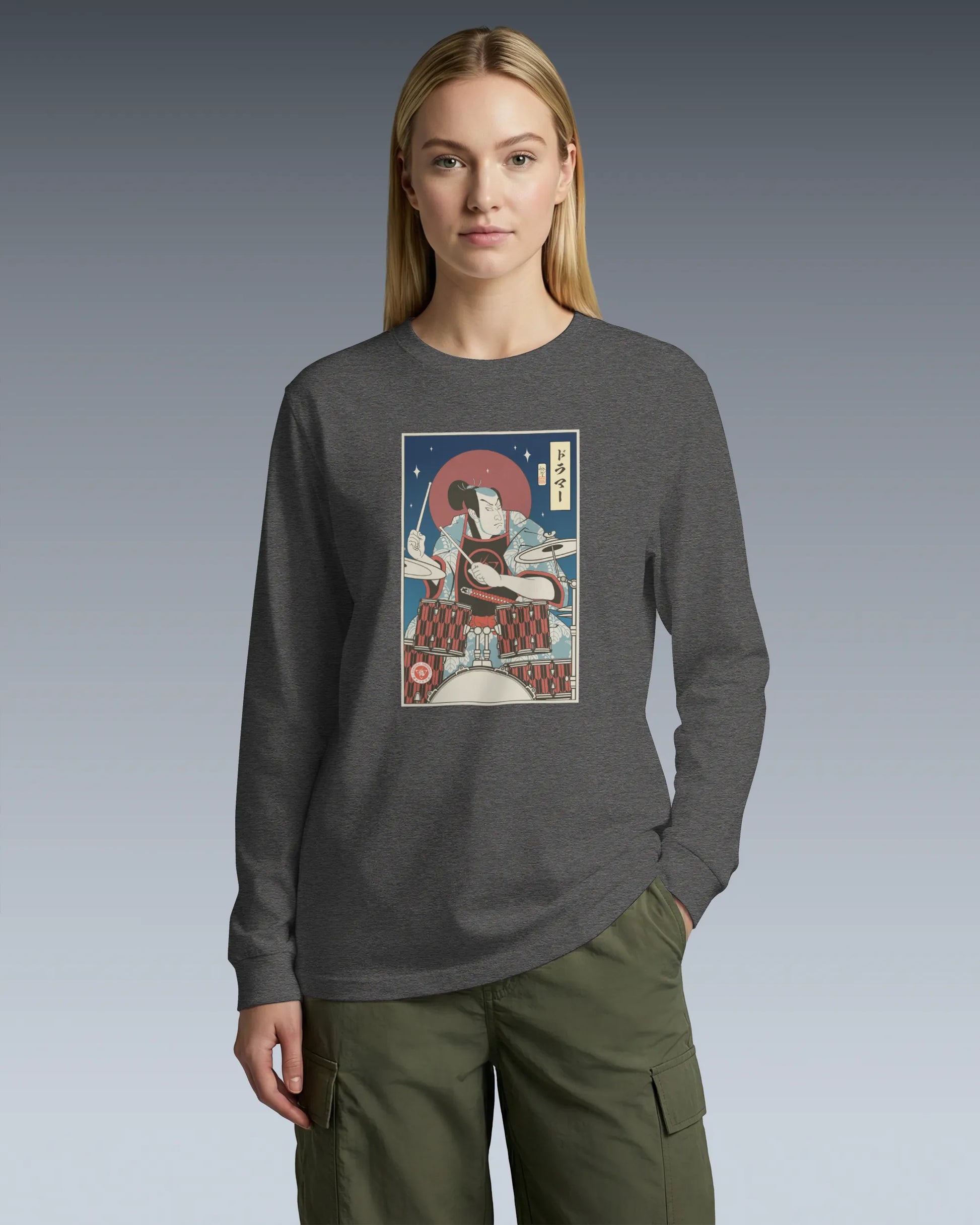 Samurai Drummer Percussion Music Ukiyo-e Unisex Long Sleeve Tee - Samurai Original