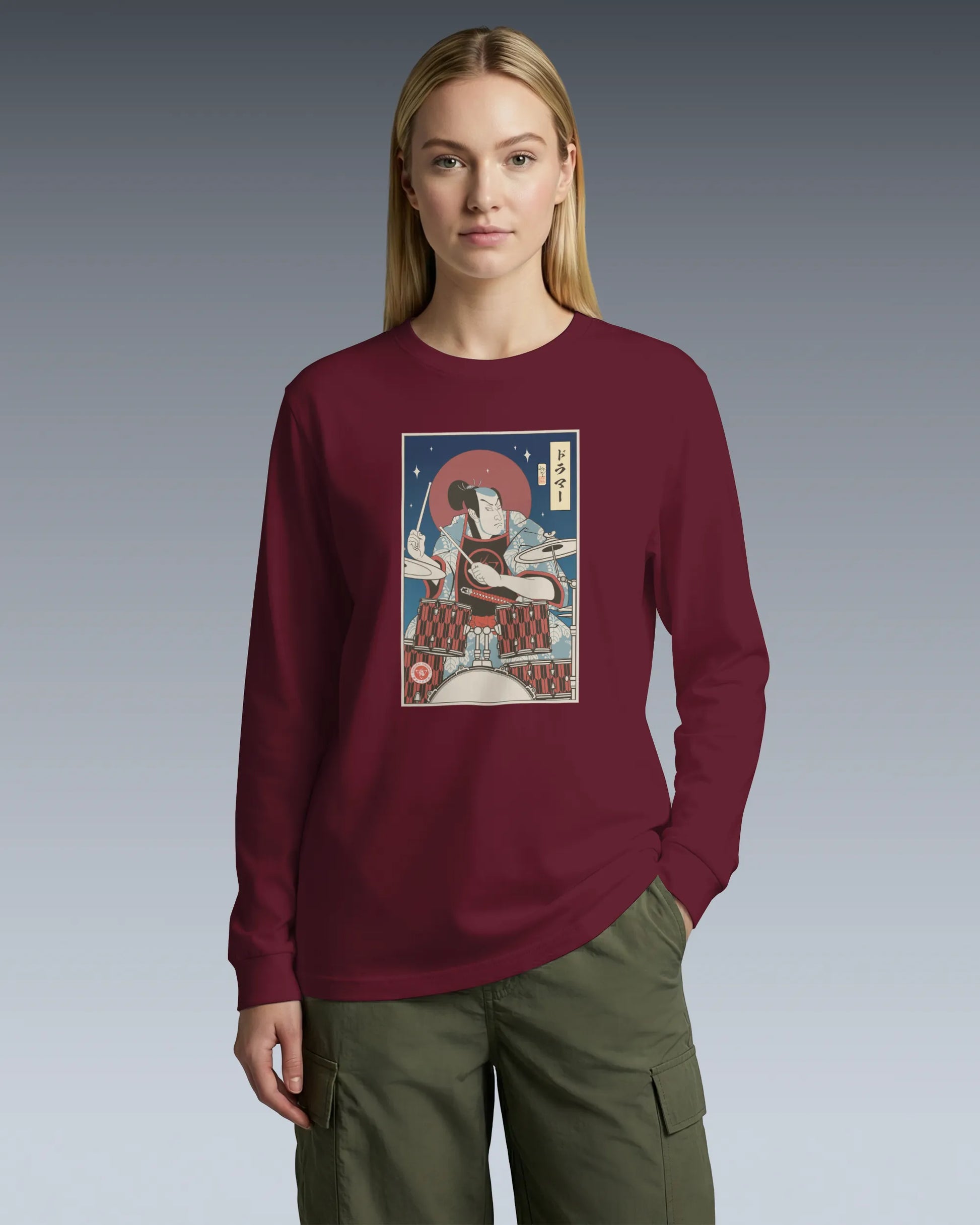 Samurai Drummer Percussion Music Ukiyo-e Unisex Long Sleeve Tee - Samurai Original