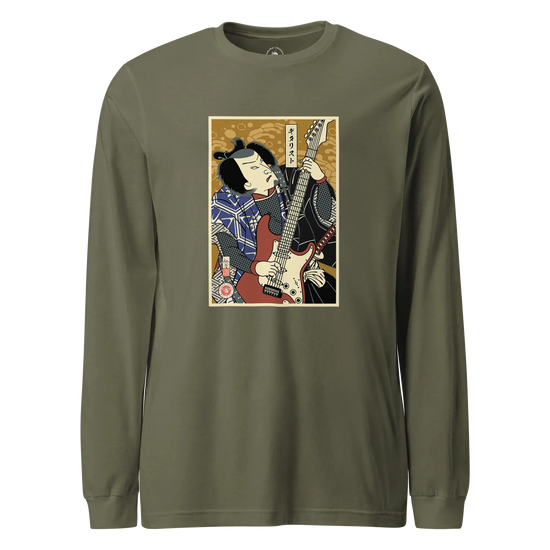 Samurai Electric Guitar Guitarist Music Ukiyo-e Unisex Long Sleeve Tee Military Green - Samurai Original