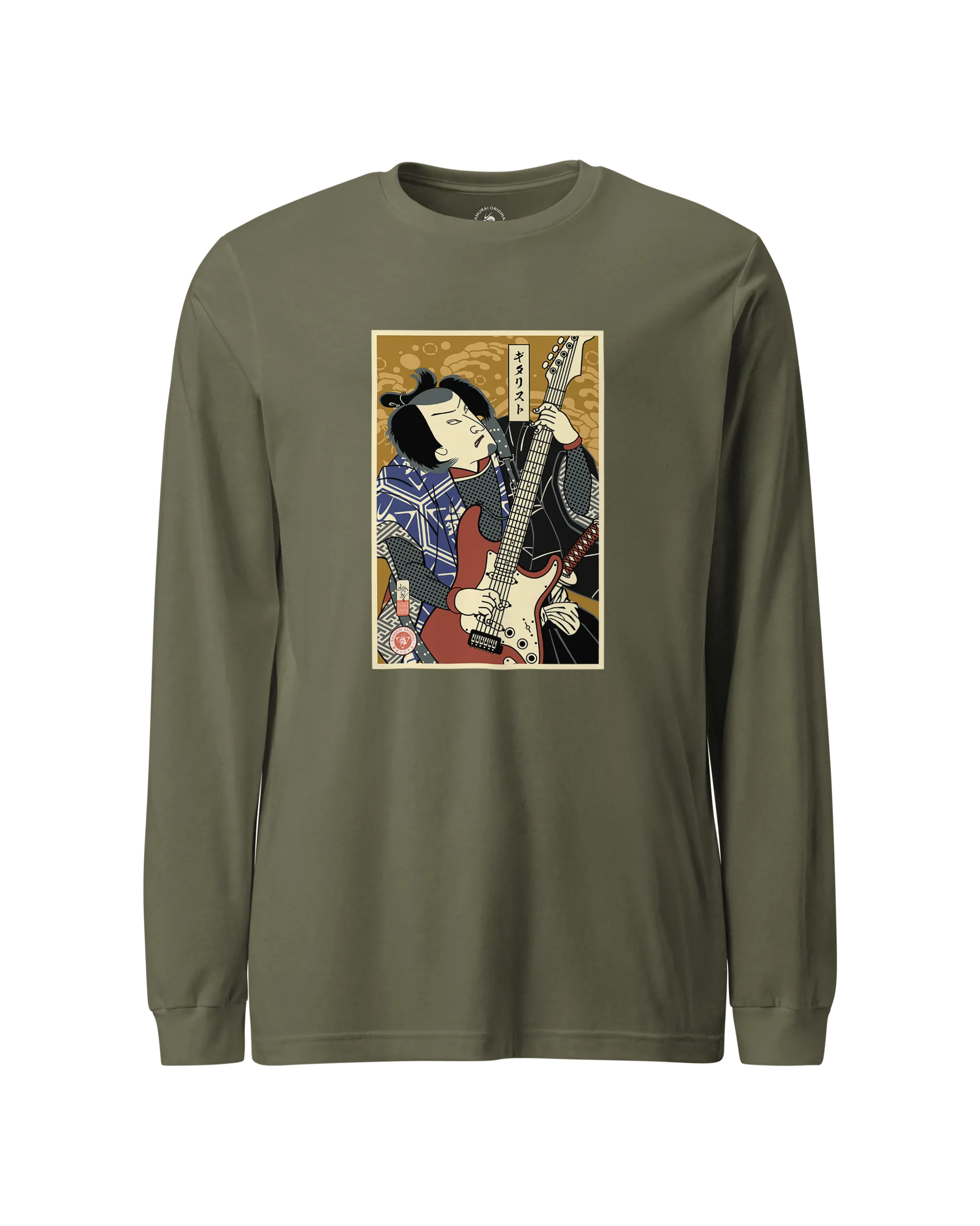 Samurai Electric Guitar Guitarist Music Ukiyo-e Unisex Long Sleeve Tee Military Green - Samurai Original