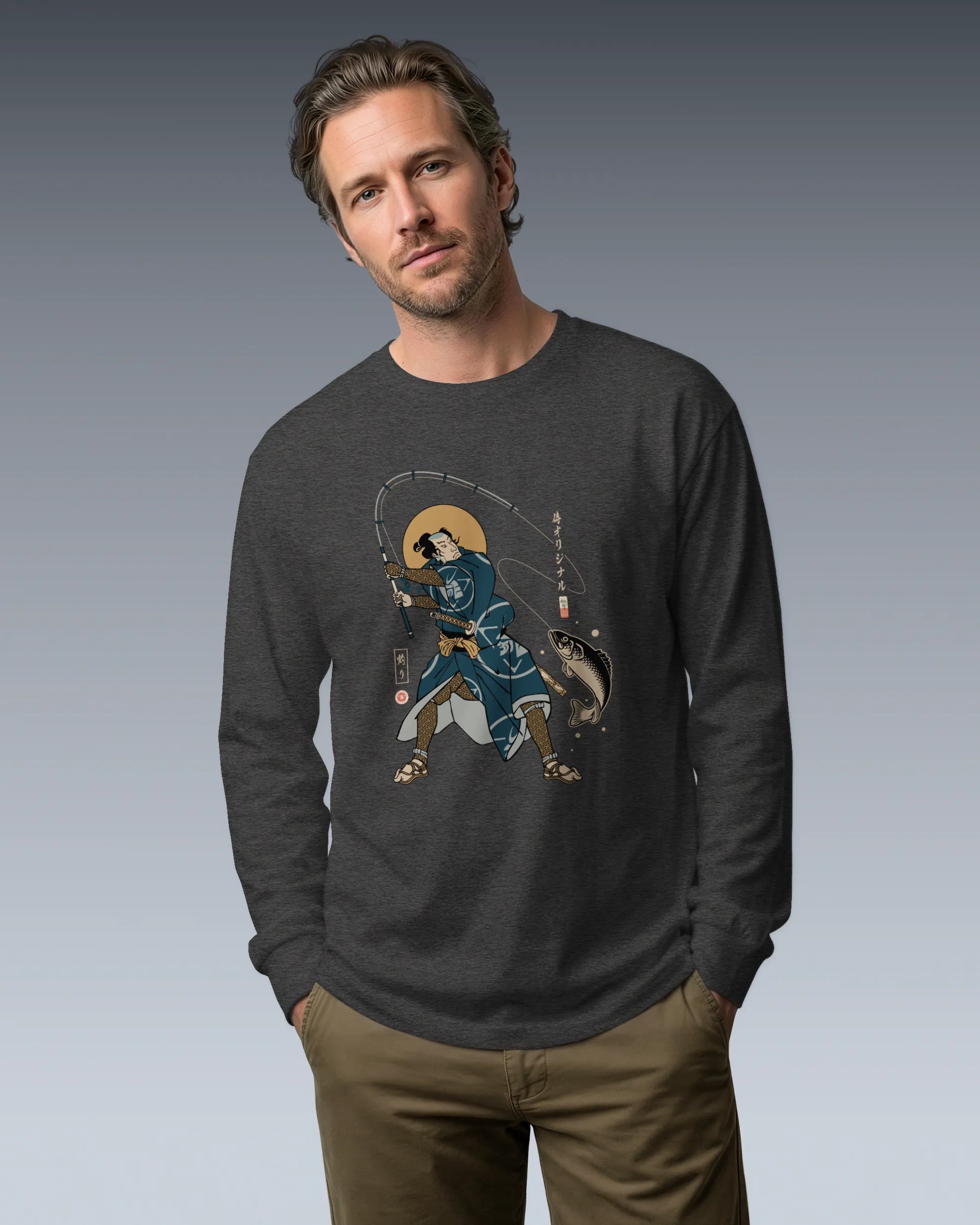 Samurai Fishing 4 Ukiyo-e Unisex Long Sleeve Tee - Samurai Original