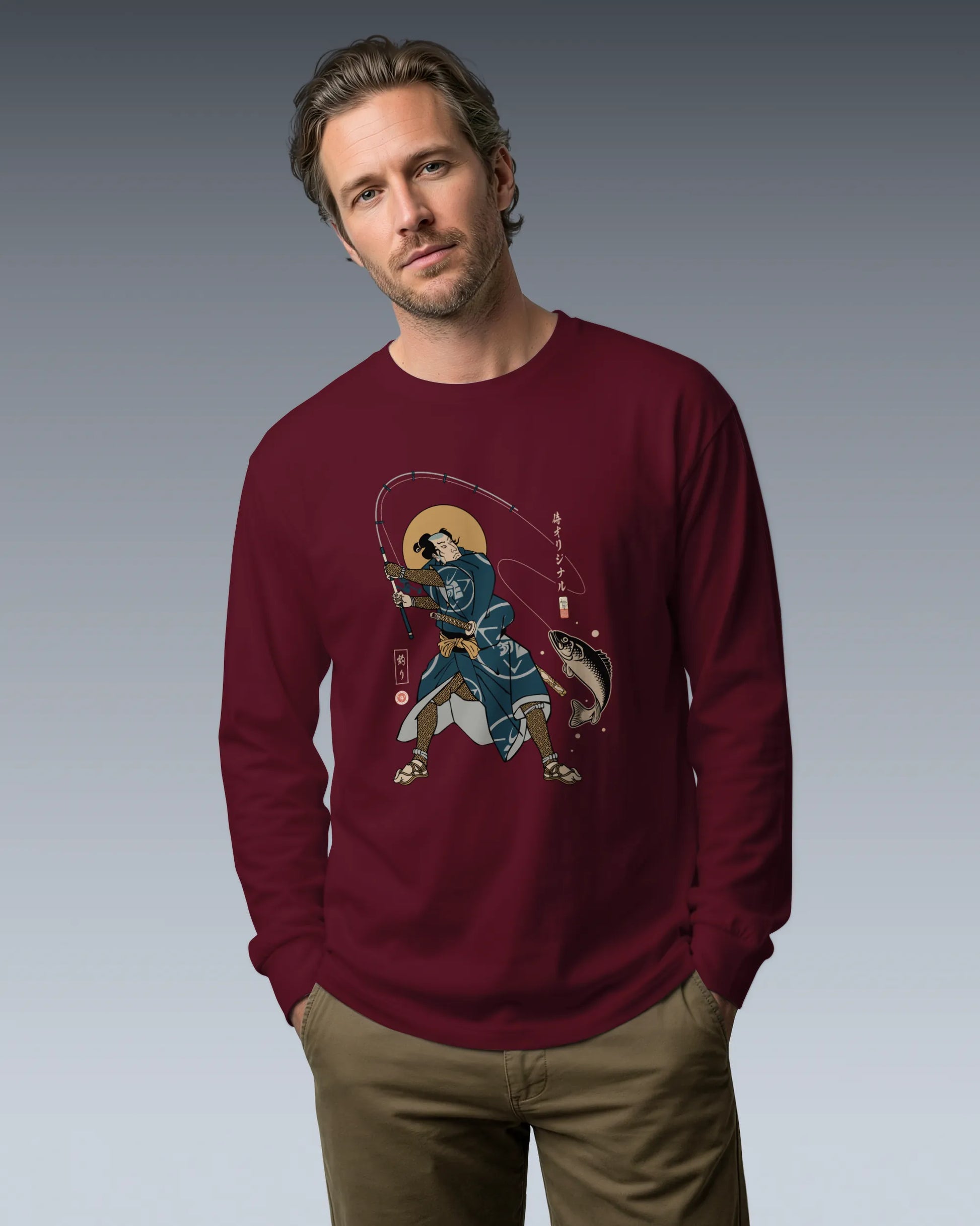 Samurai Fishing 4 Ukiyo-e Unisex Long Sleeve Tee - Samurai Original