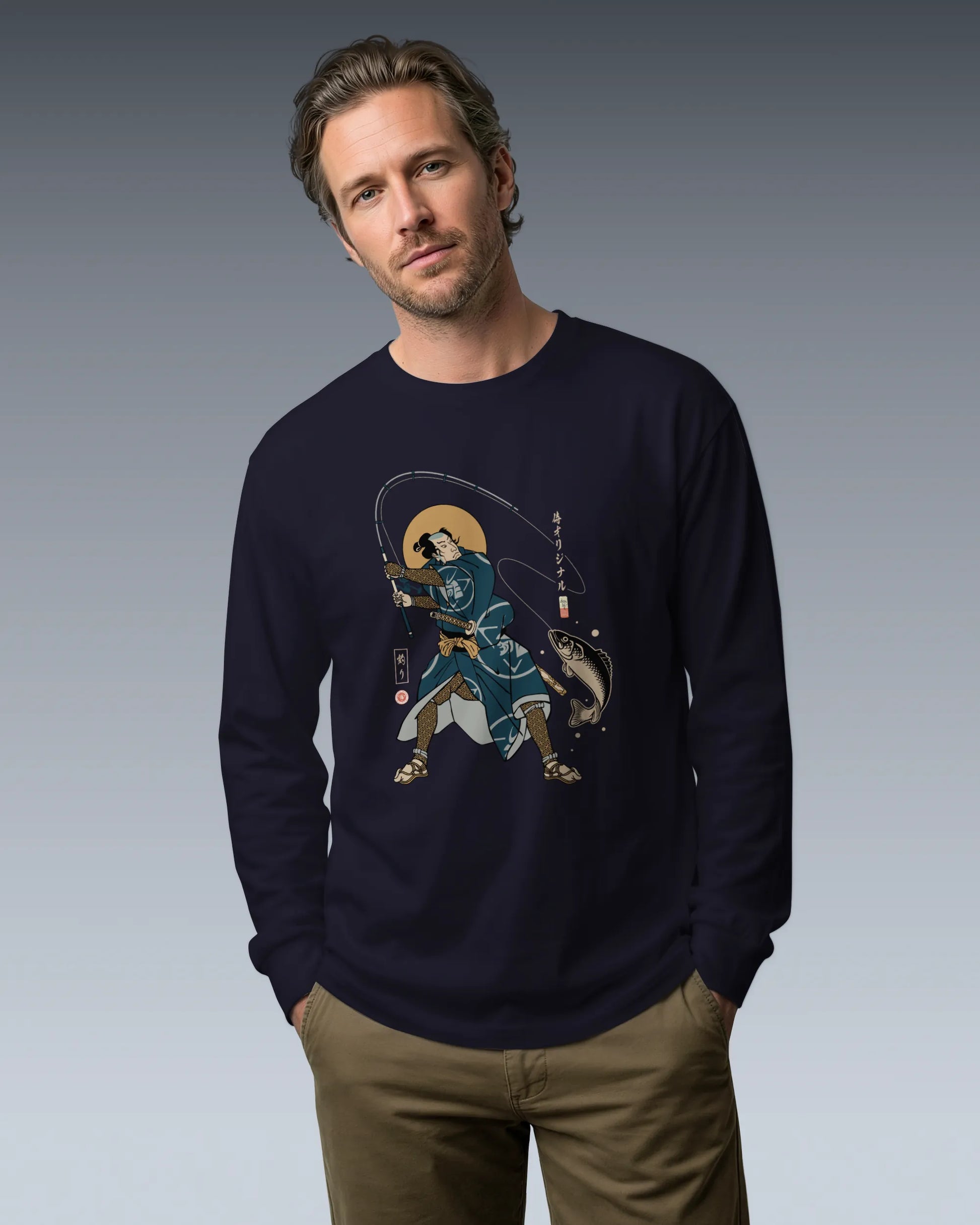 Samurai Fishing 4 Ukiyo-e Unisex Long Sleeve Tee - Samurai Original