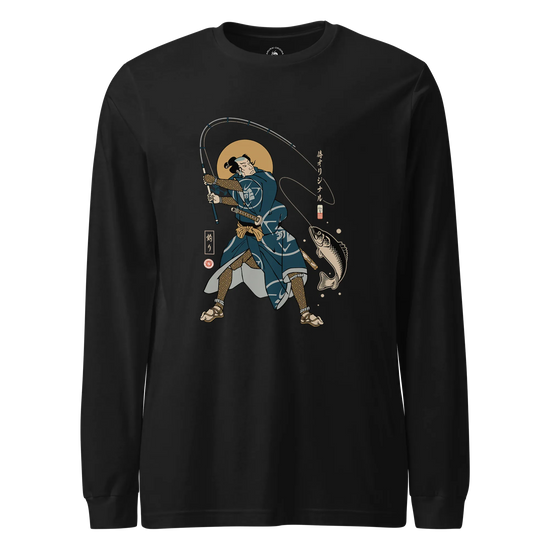 Samurai Fishing 4 Ukiyo-e Unisex Long Sleeve Tee Black - Samurai Original