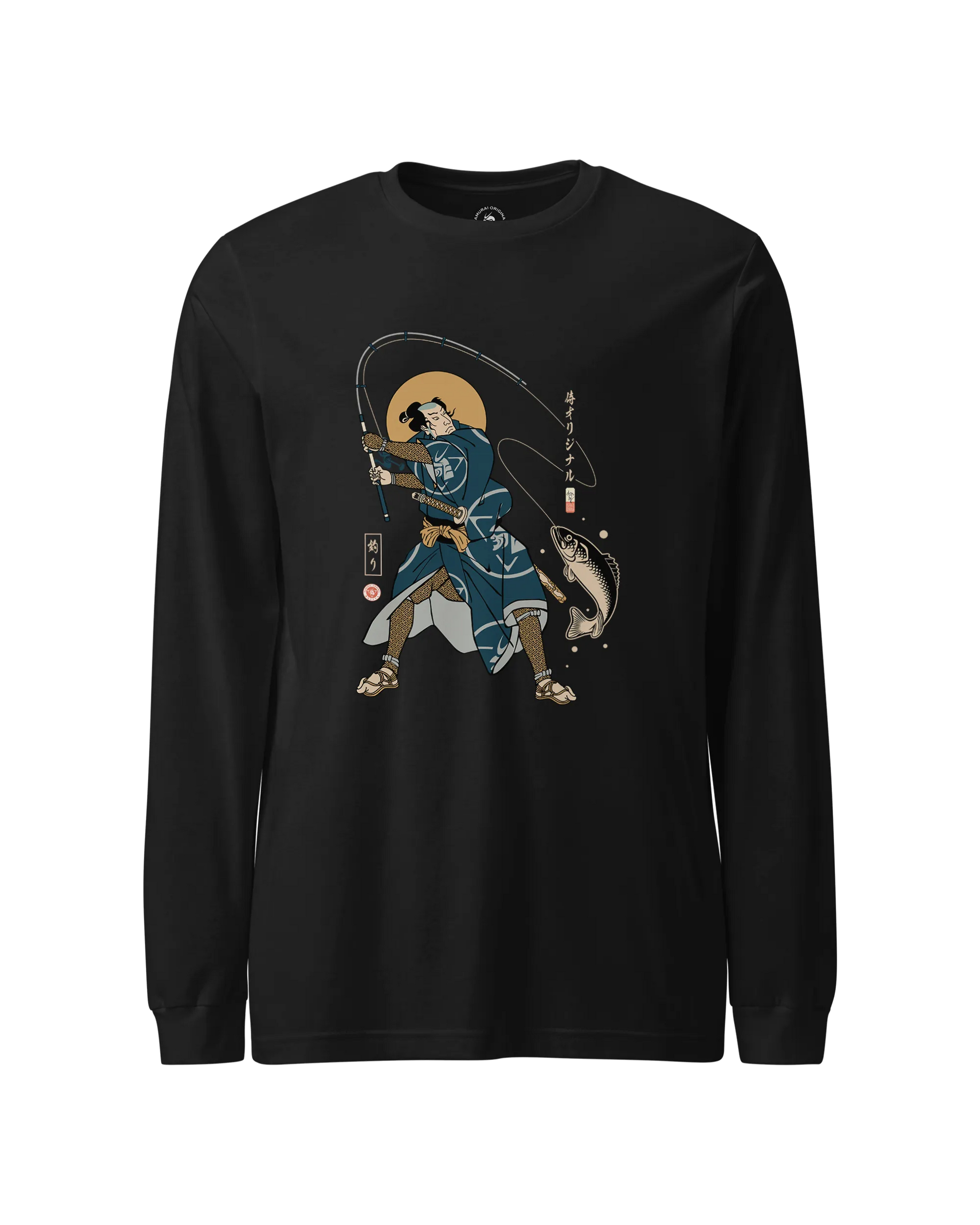 Samurai Fishing 4 Ukiyo-e Unisex Long Sleeve Tee Black - Samurai Original